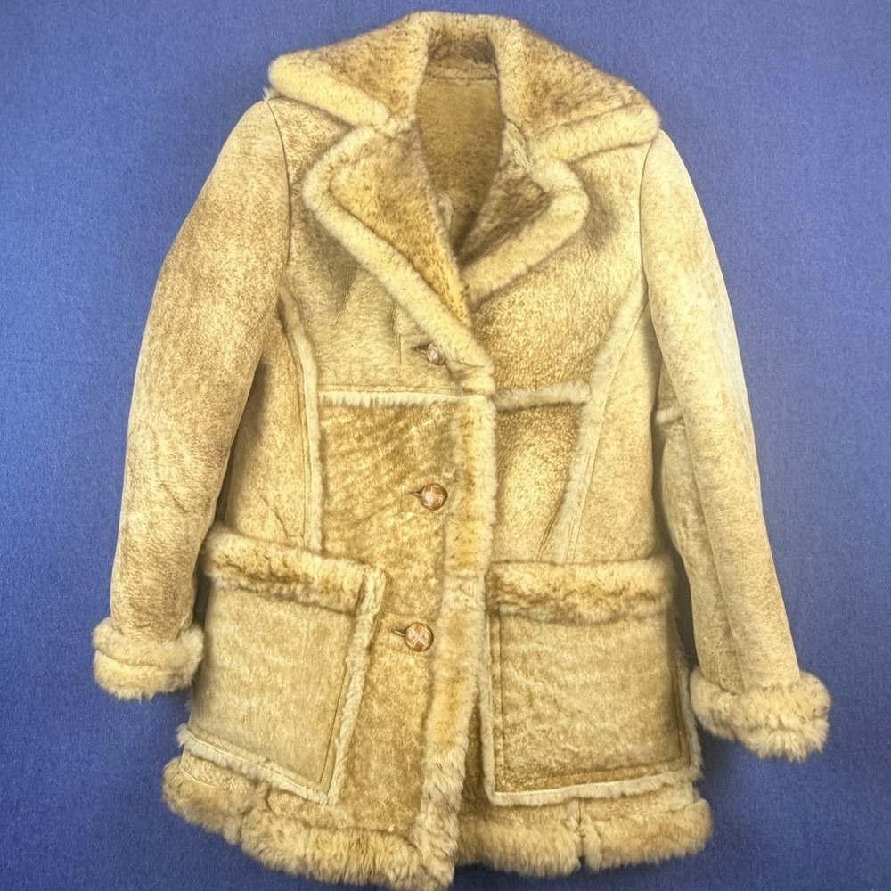 Schott NYC Sportswear Shearling Jacket Tan Faux Fur Coat Made in USA Size 8
